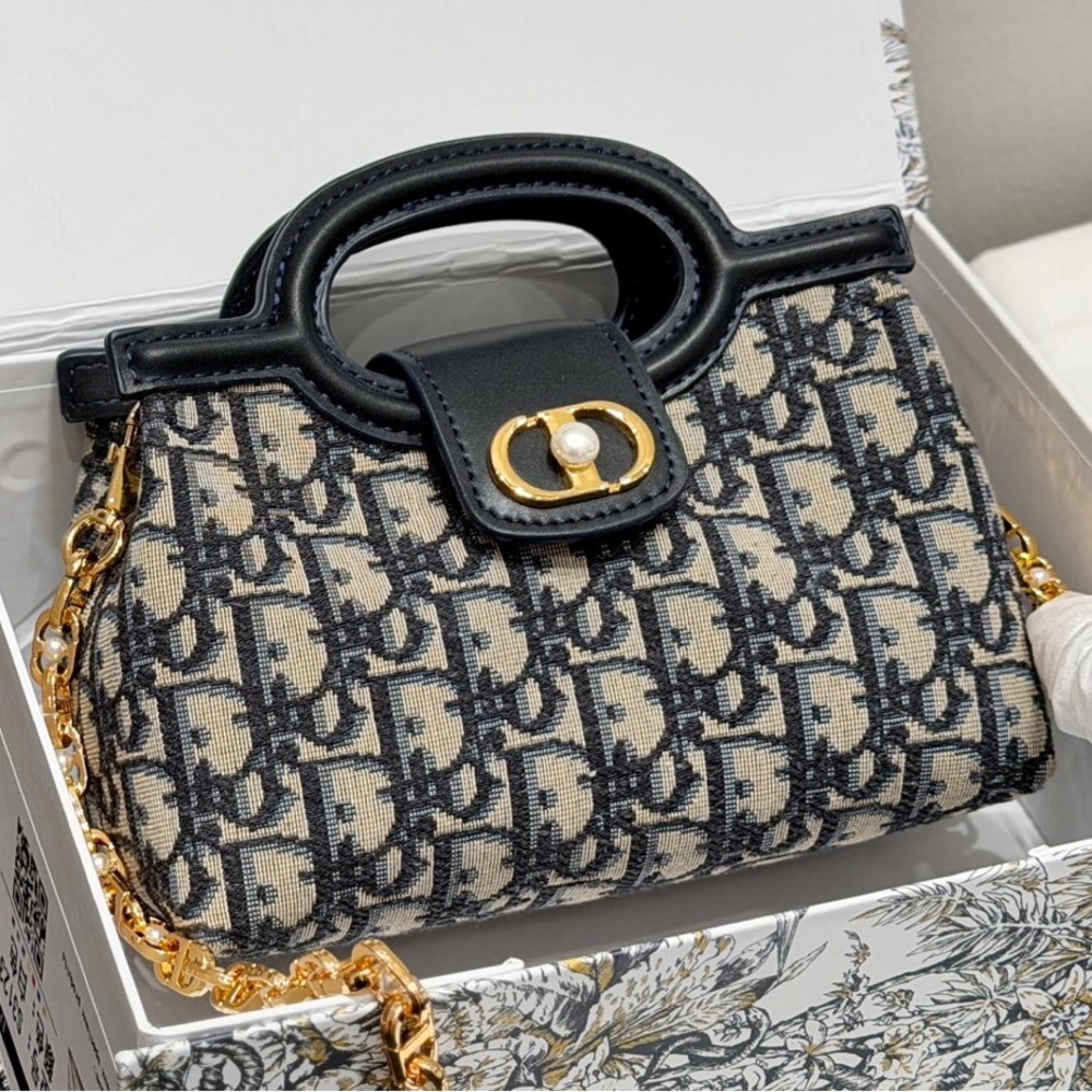 Dior Black Monogram Crossbody with Gold Chain